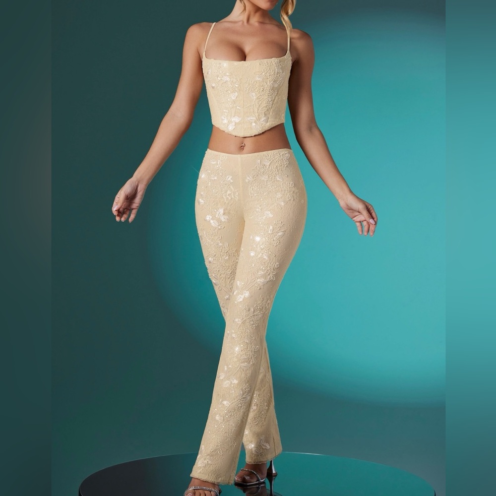 Oh Polly Fallon Lace Embellished Corset Top and Trouser Pant Set US4 - UK8 NWT